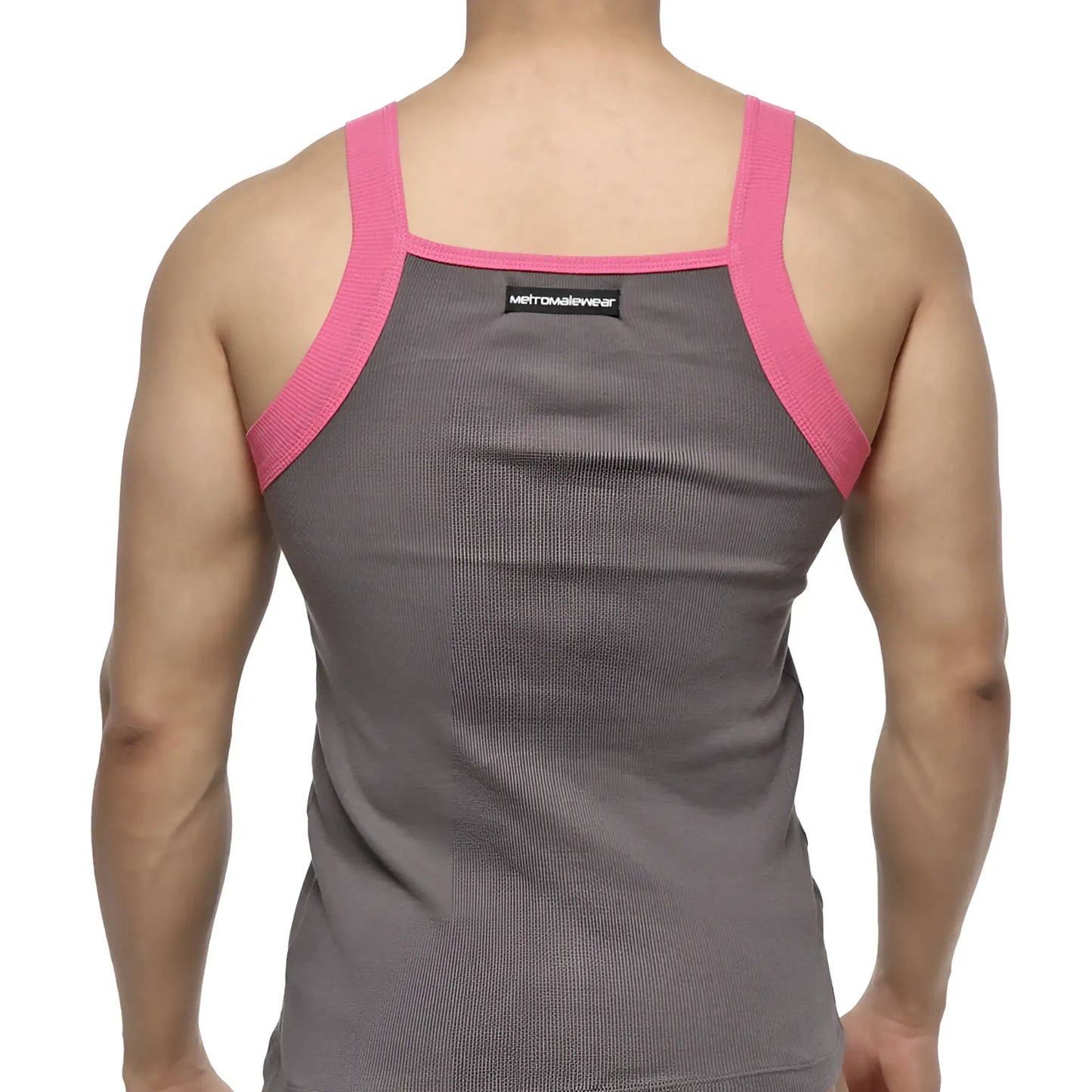 Back view of metroMaleWear square cut gray ribbed tank top with pink shoulder straps and black brand tag
