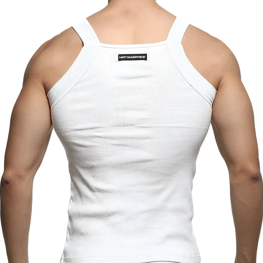 White ribbed square cut tank top with thin shoulder straps showing black metromalewear label at the back