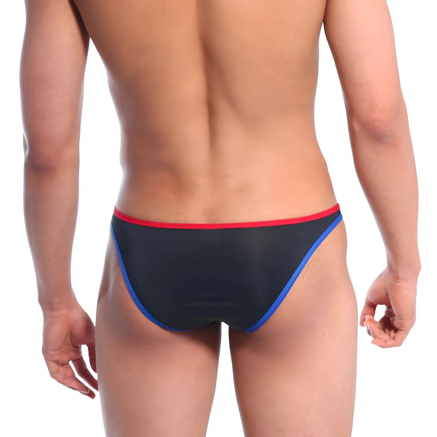 Black mesh briefs with red and blue trim from MetroMaleWear Sunbathing Bikini Italic Black 2004-51 front view