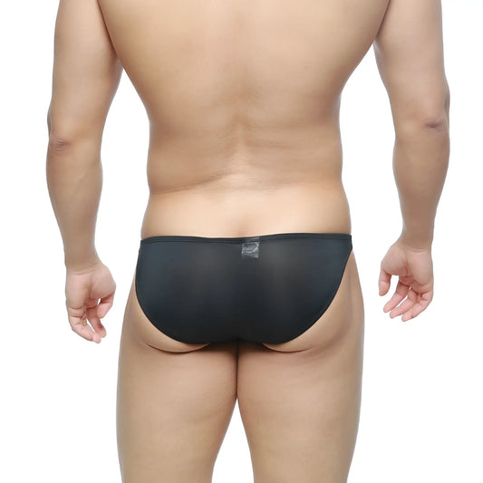 MetroMaleWear super lowrise bikini briefs in black sheer mesh highlighting a sleek breathable design
