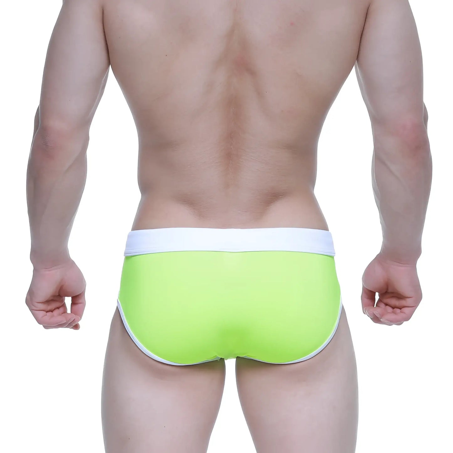 Bright lime green MetroMaleWear swim briefs with white waistband and trim designed for comfortable swimwear use