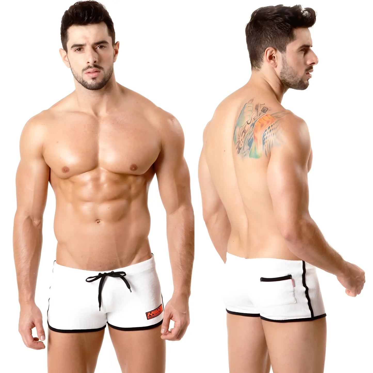 MetroMaleWear terry short white swim trunks with black trim drawstring and small red logo on the side