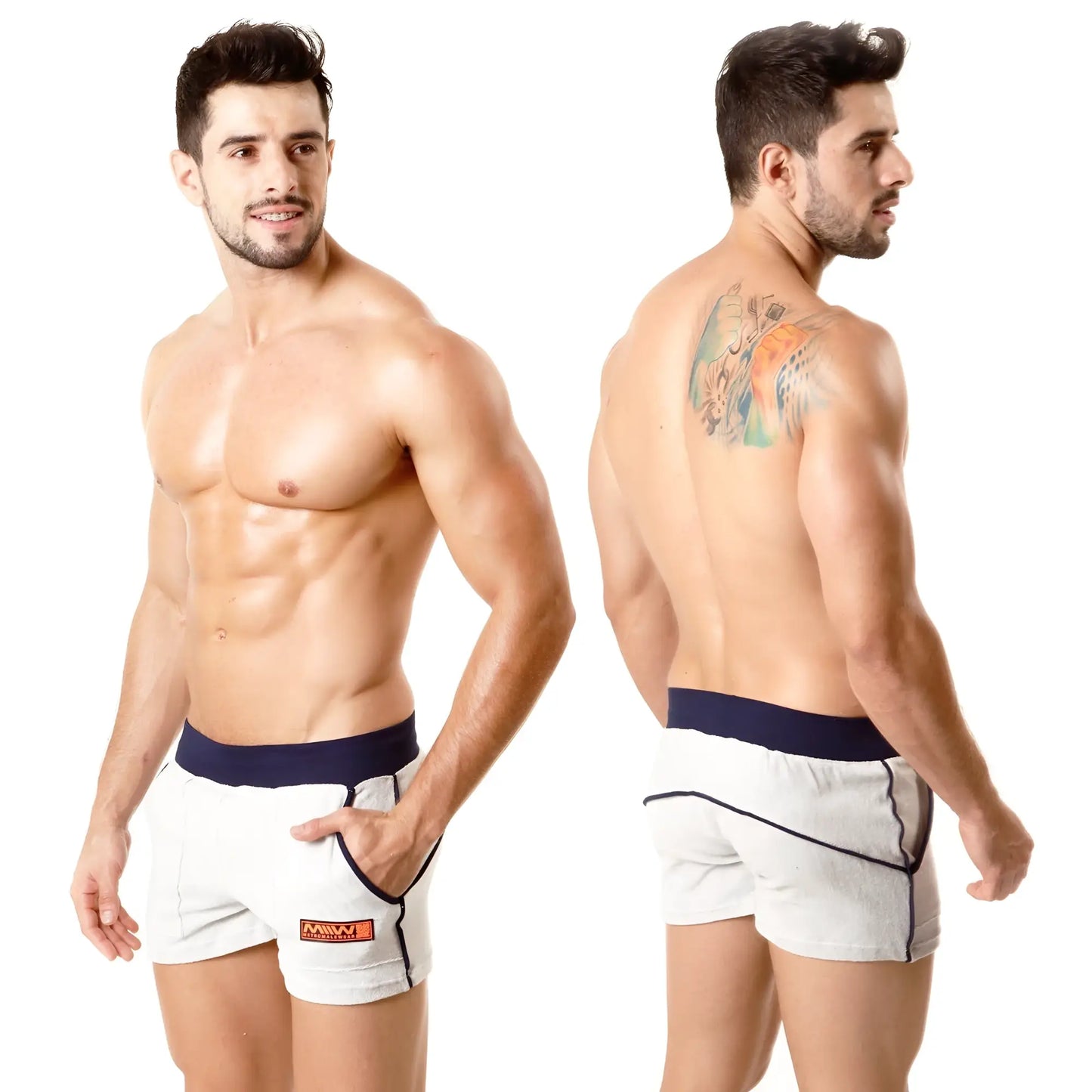 White metro male wear terry sport shorts with navy waistband and trim featuring an orange logo on the left leg