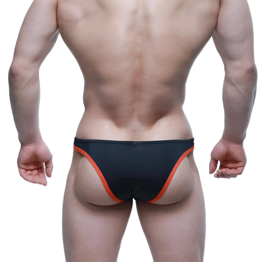 Black swim trunks with vibrant orange trim along sides and waistband from MetroMaleWear TOP Bikini Coral 6114-21