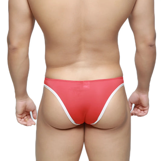 Red and white MetroMaleWear top bikini thong with sleek form-fitting design ideal for stylish swimwear use