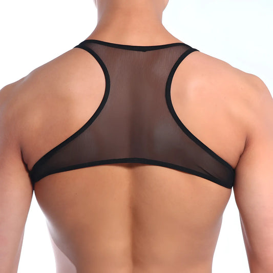 Black mesh backless top metroMaleWear with sleek form-fitting design and breathable mesh material