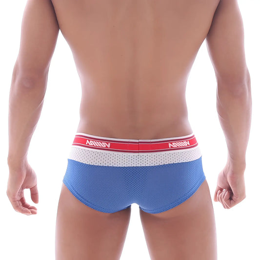 Metro malewear triple boxer royal blue mesh briefs with red and white ashny elastic waistband in bold lettering
