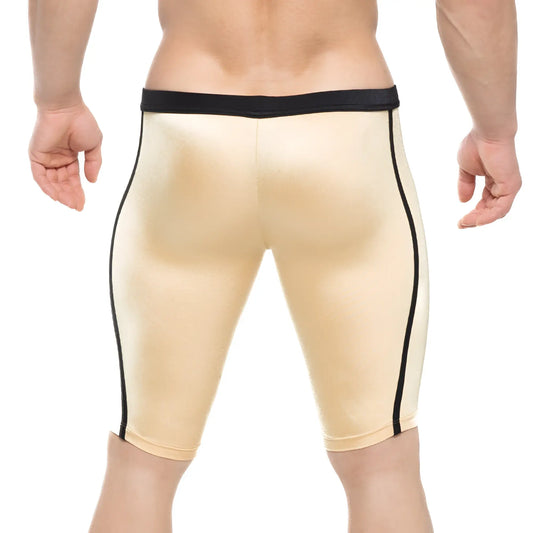 Beige metallic MetroMaleWear University biker shorts with black trim along sides and waistband in athletic style