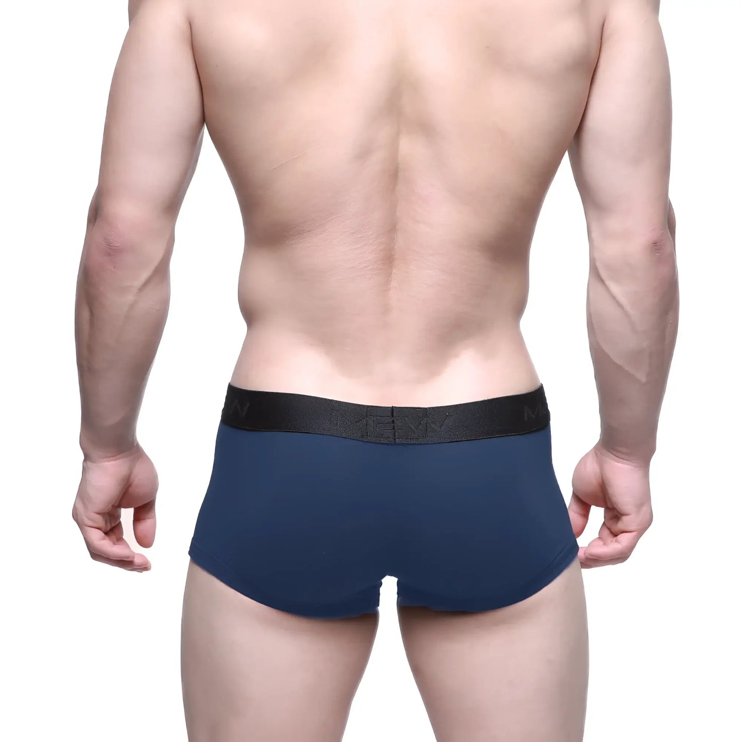 Navy blue metroMalewear Uphole short boxer briefs with black elastic waistband and brand logo for men