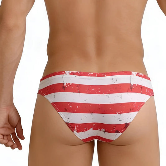 MetroMaleWear USA Castro brief 2233-90 red and white striped swim trunks with distressed vintage flag design
