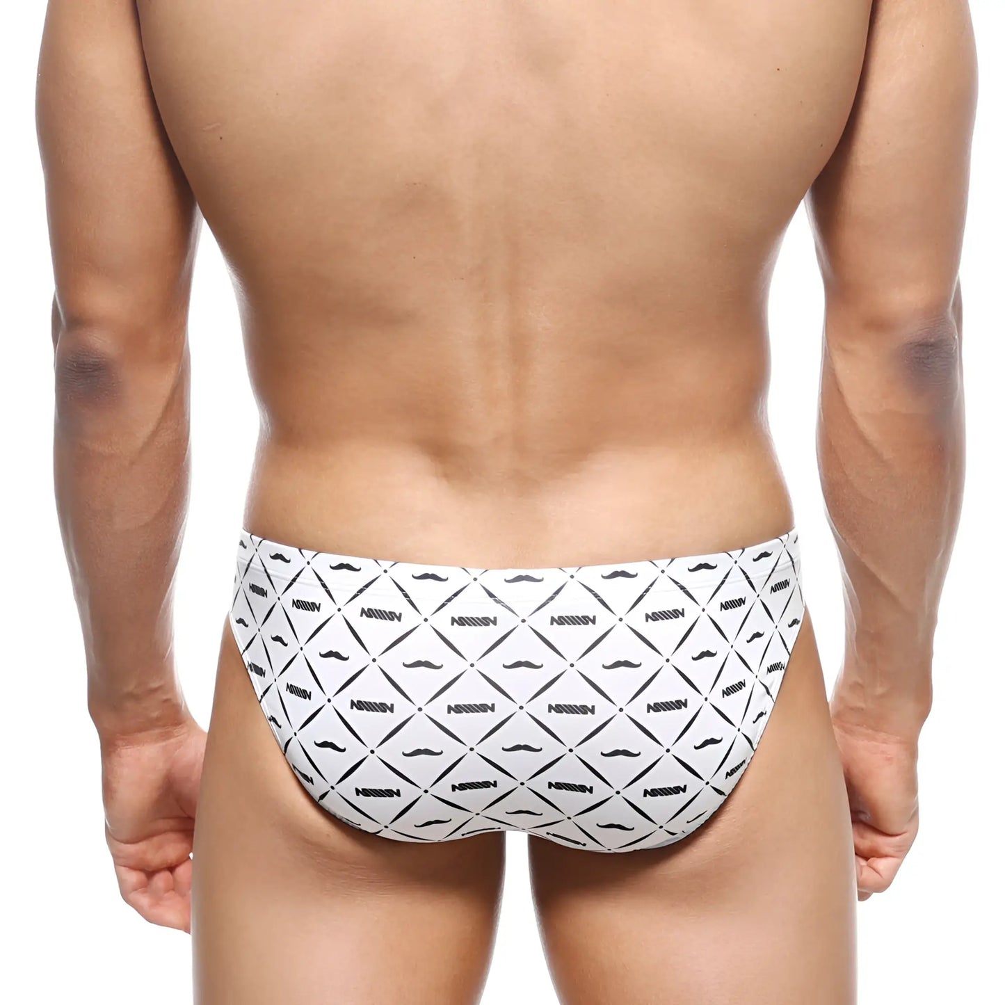 White metro malewear vasco hip brief swim trunks with black geometric mustache pattern and nassim text print