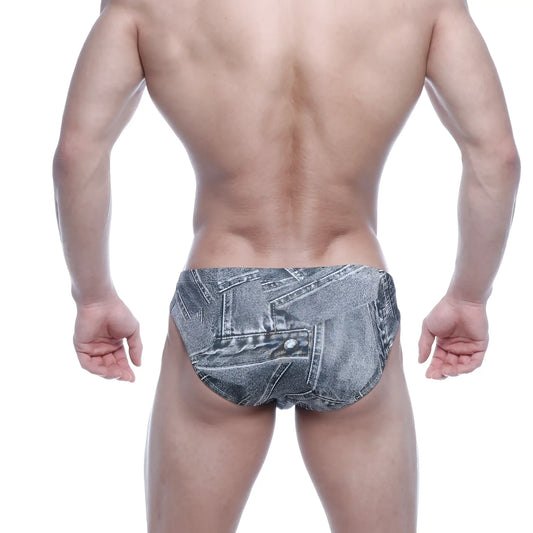 MetroMaleWear Vasco hip brief in gray denim with a patchwork design in gray denim pattern fabric