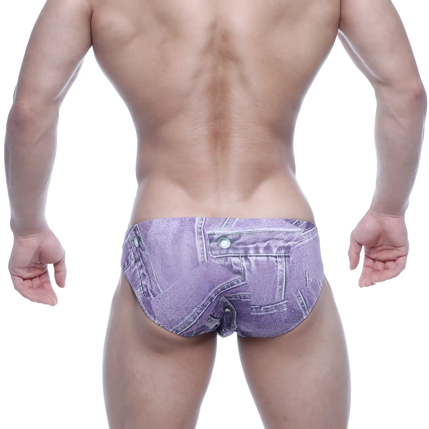 Purple denim-patterned metroMaleWear vasco hip briefs with button and zipper detail for men