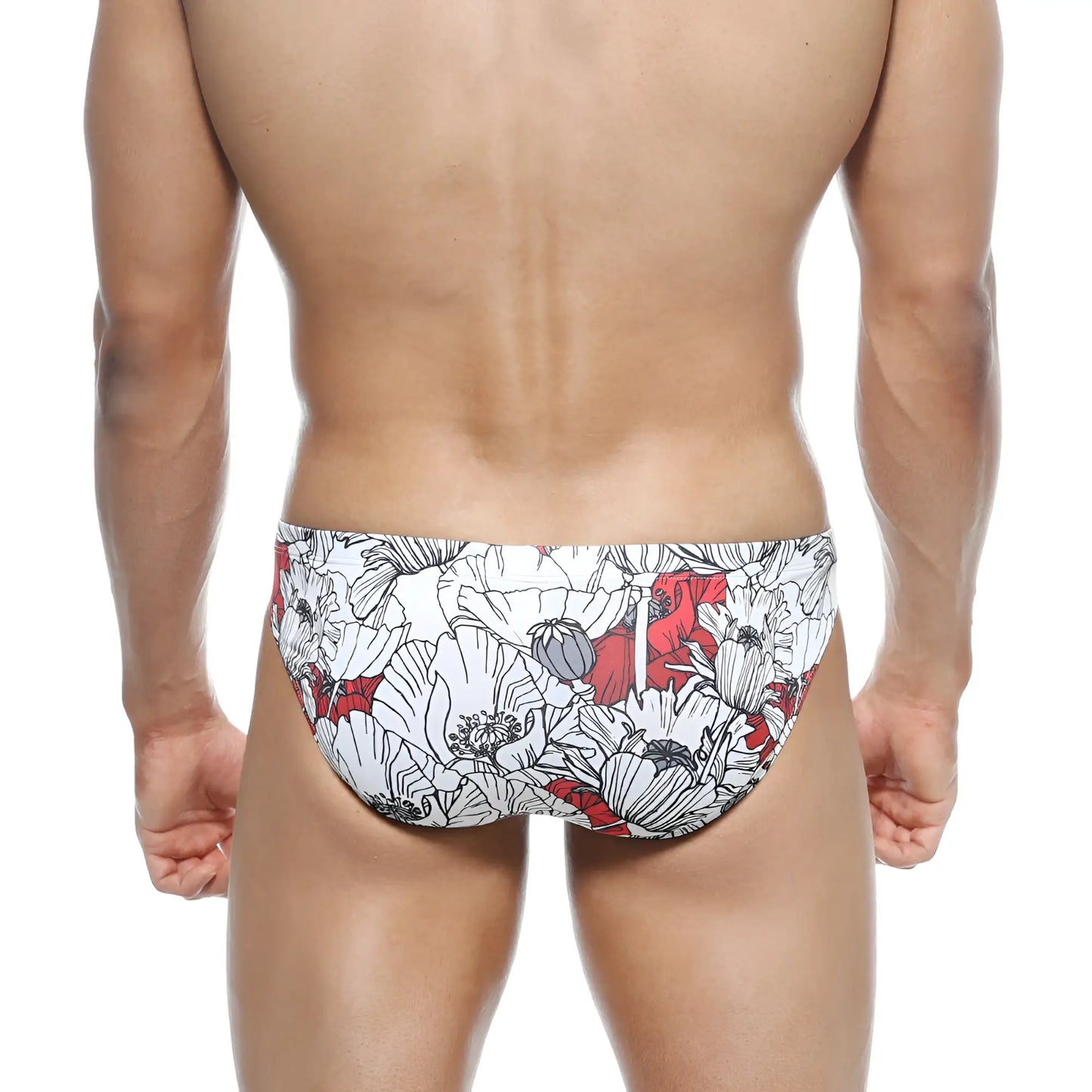 MetroMaleWear Vasco Hip Brief Escobar 5103-09 swim trunks with white and red poppy pattern and black outlines