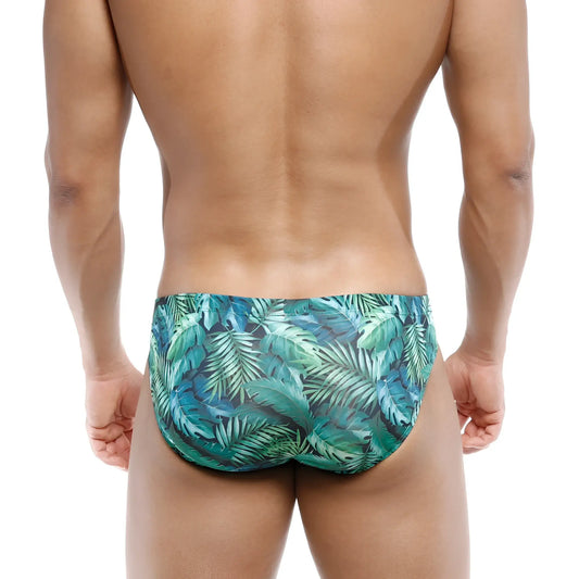 MetroMaleWear Vasco Hip Brief Jungle 5103-88 swim trunks with tropical leaf pattern in shades of teal and green