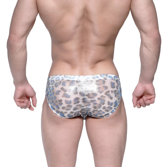Shiny silver and blue leopard print metro malewear vasco hip brief men’s underwear with metallic fabric