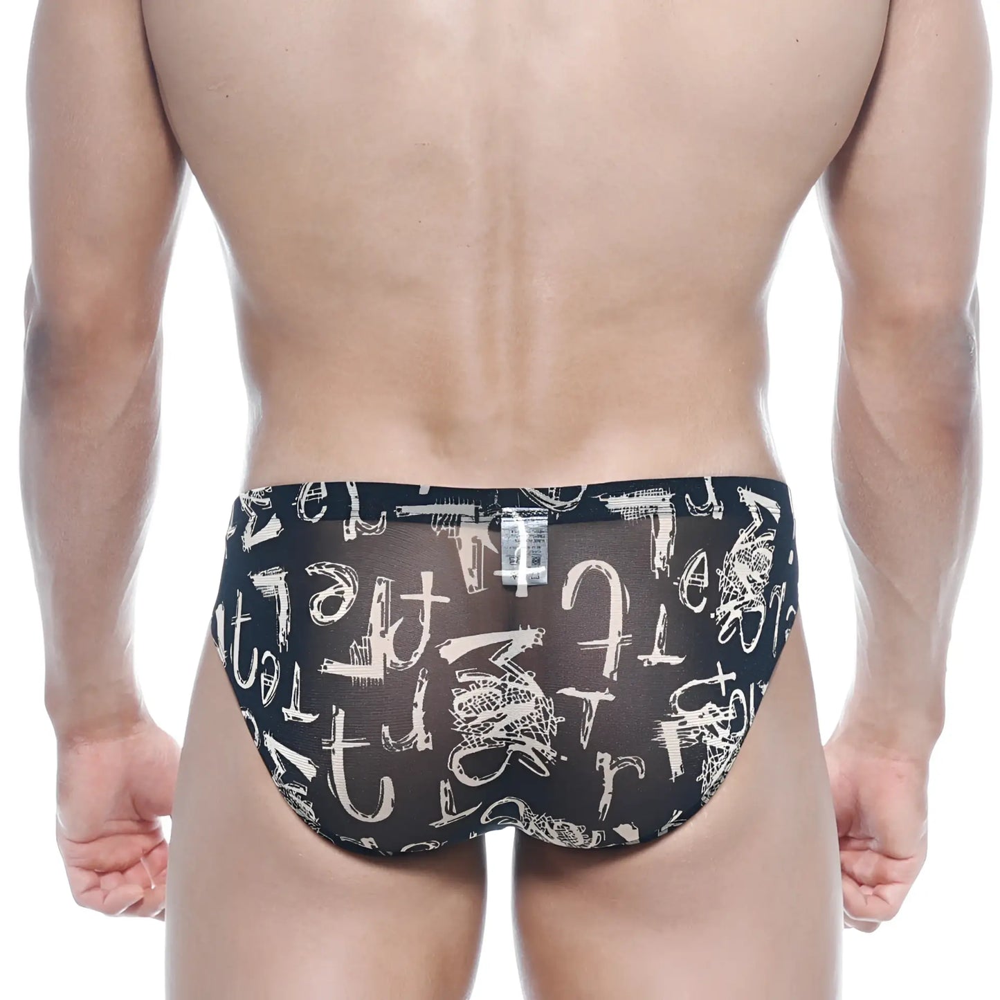 Black sheer swim trunks with bold white abstract graffiti pattern from metromalewear vaso hip brief oraculo 5103-78