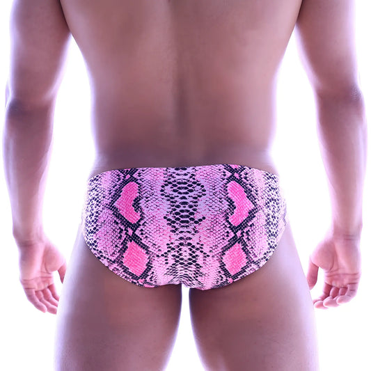 MetroMaleWear Vasco hip brief swim trunks in pink snake skin pattern featuring a sleek fitted design