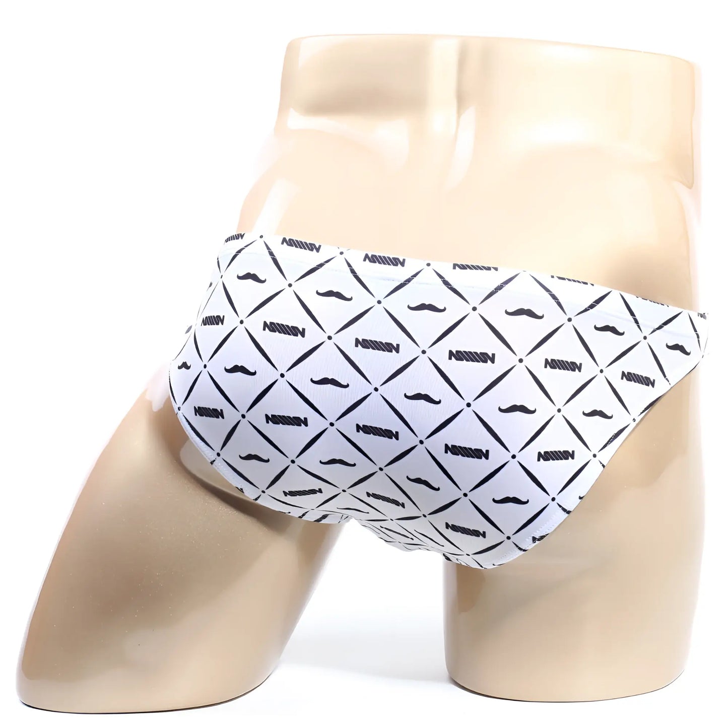 White briefs with black geometric mustache pattern and mission text from metromalewear vendeta bikini gentleman 2614-03