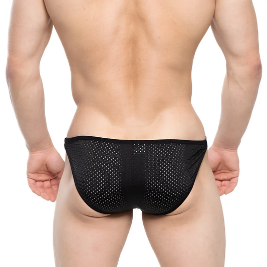 MetroMaleWear Verano Bikini black mesh briefs with a snug form-fitting design for comfortable everyday wear