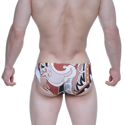 MetroMaleWear vivid bikini 5103-M69 men’s swim trunks with bold abstract pattern in burnt orange white black and beige