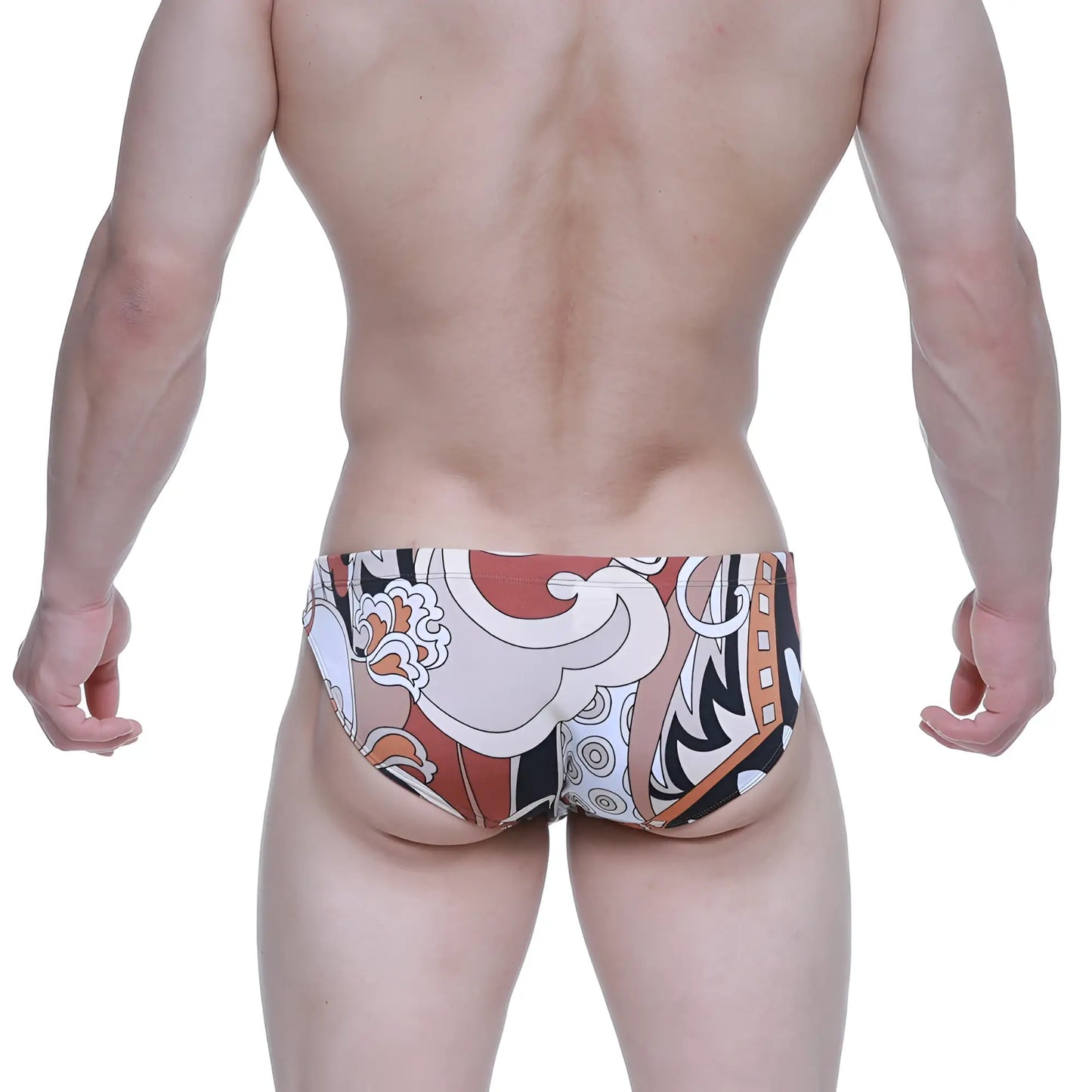 MetroMaleWear vivid bikini 5103-M69 men’s swim trunks with bold abstract pattern in burnt orange white black and beige