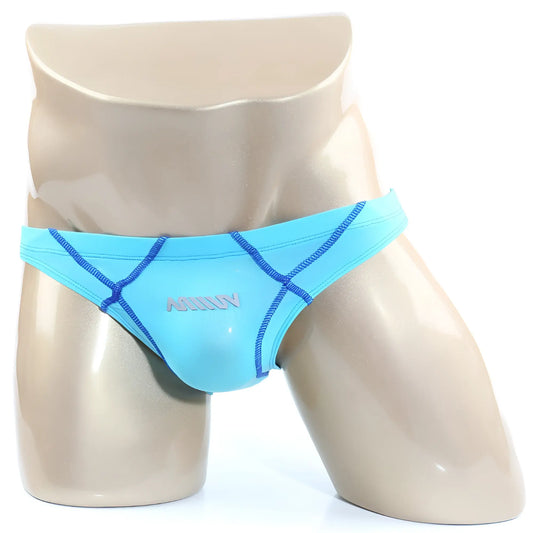 Light blue MetroMaleWear WAHOO SHEER swim bikini with navy stitching and subtle logo for men in sky color