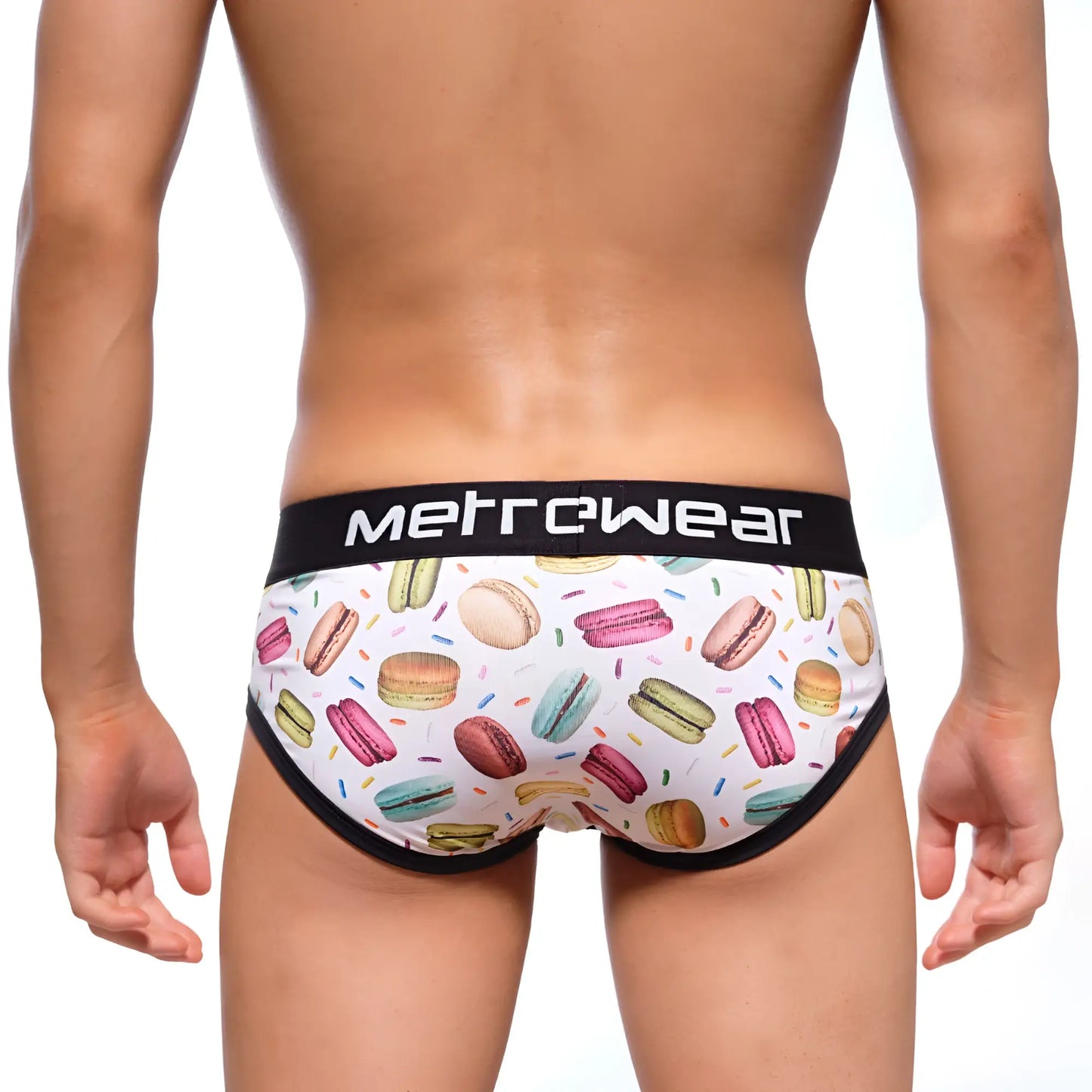 White briefs with colorful macaron pattern and black trim featuring metrowear brand on waistband for men