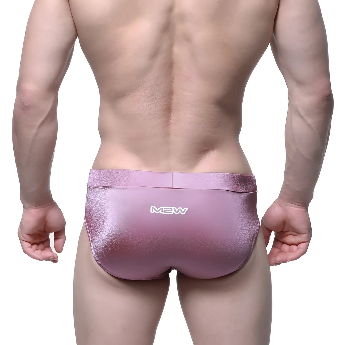 Pink metallic MetroMaleWear Madrid swim briefs with a subtle gradient finish and white mew logo on the waistband