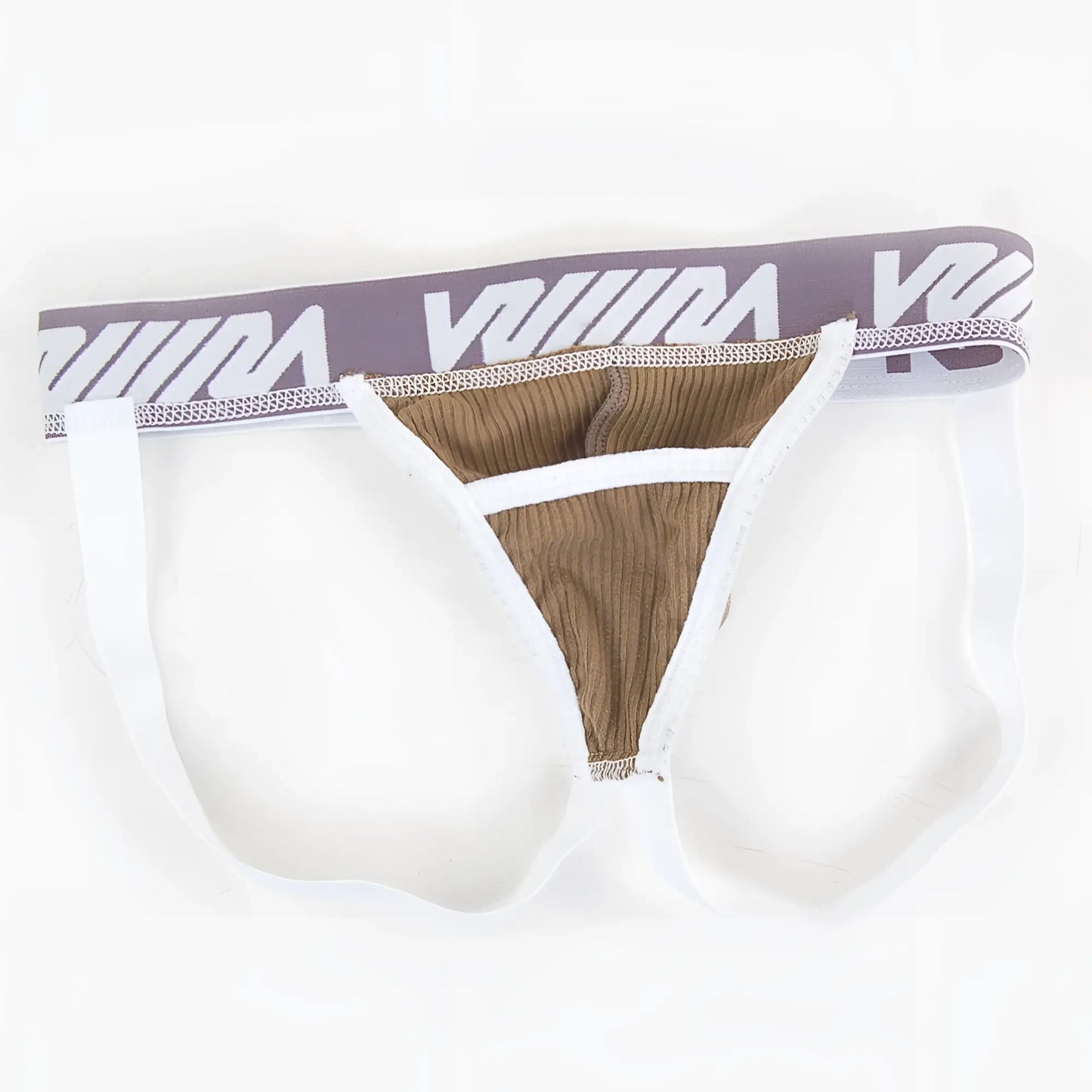 White and taupe athletic briefs with ribbed interior and gray viiim logo waistband metroMaleWear magic jock strap khaki