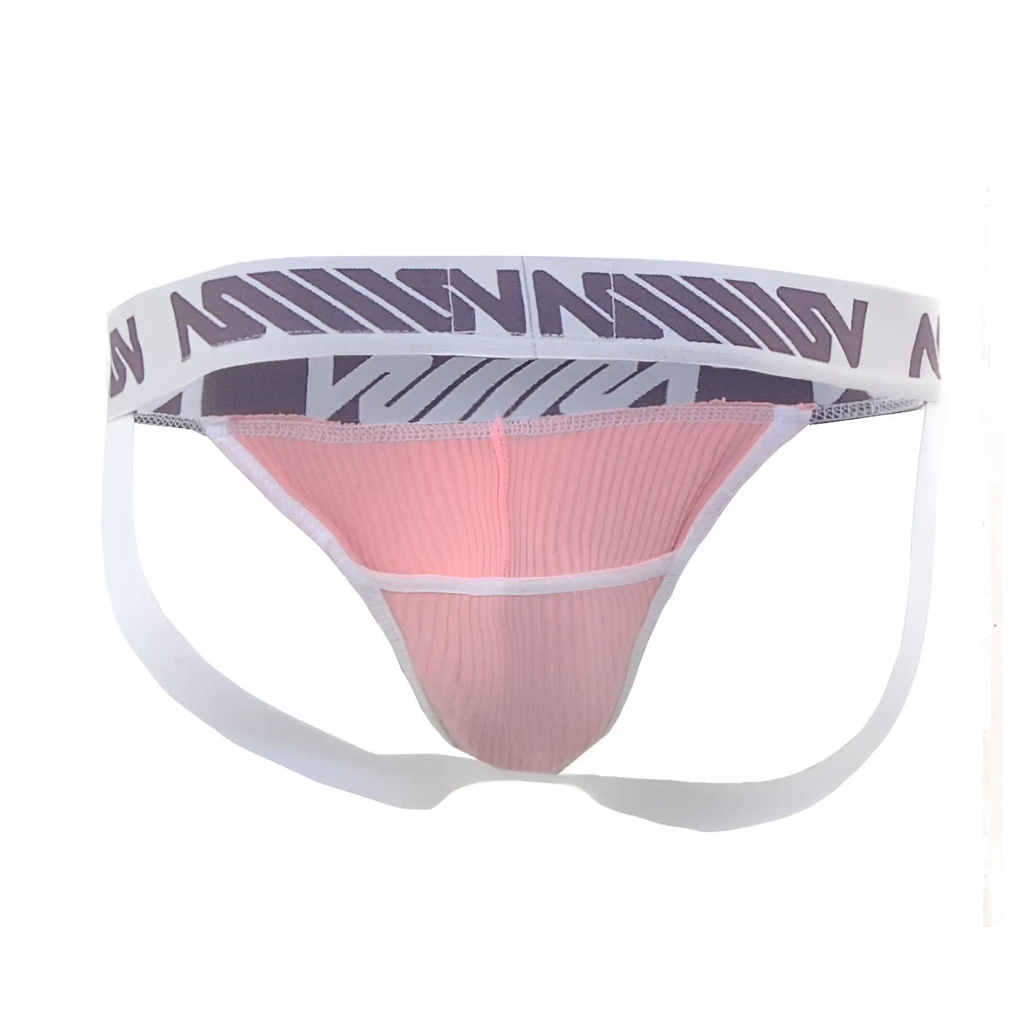 Pink ribbed athletic briefs with a white waistband featuring a bold purple and gray geometric logo pattern by metromalewear