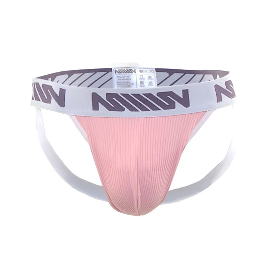 Pink ribbed athletic brief with white waistband and gray n logos from metromalewear magic jock strap marshmallow pink
