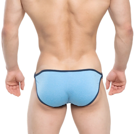 Light blue textured fabric briefs with dark navy trim from MetroMaleWear Mahana Bikini Blue 6204-08 collection