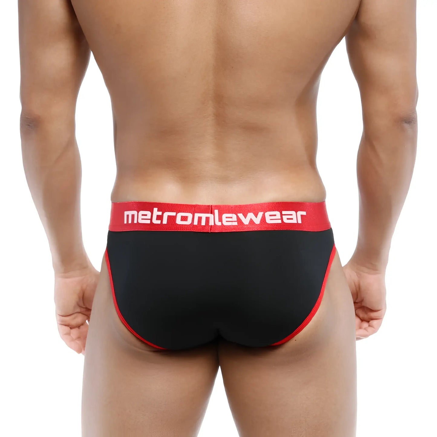 MetroMaleWear Martini brief black 3103-20 with red trim and waistband featuring white MetroMaleWear logo