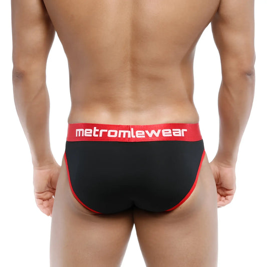 MetroMaleWear Martini brief black 3103-20 with red trim and waistband featuring white MetroMaleWear logo