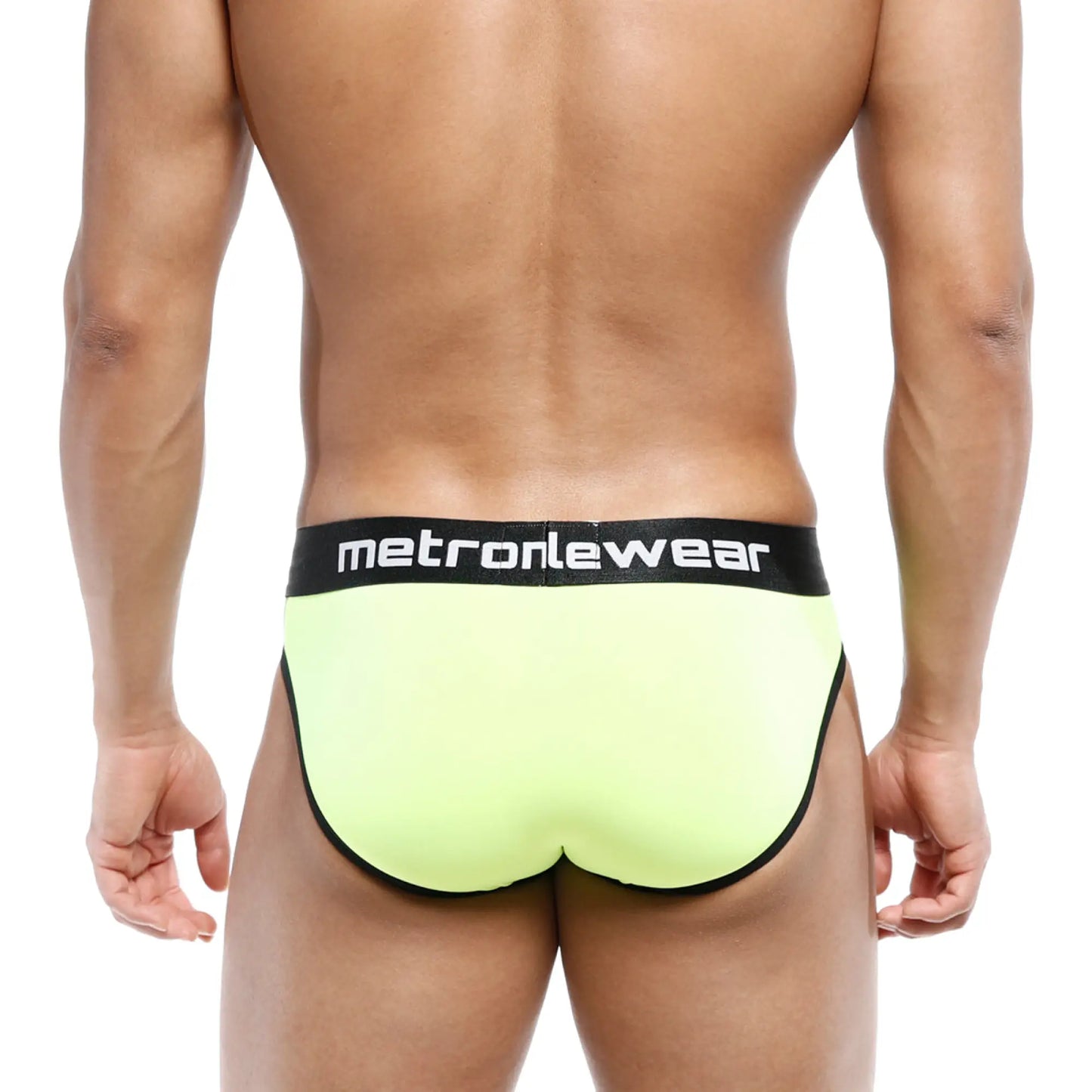 MetroMaleWear Martini brief neon green bright yellow with black trim and waistband featuring MetroMaleWear logo