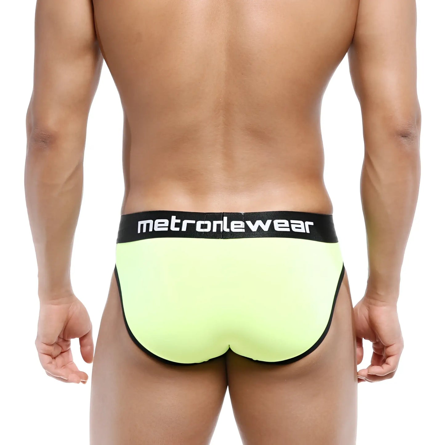 MetroMaleWear Martini brief neon green bright yellow with black trim and waistband featuring MetroMaleWear logo