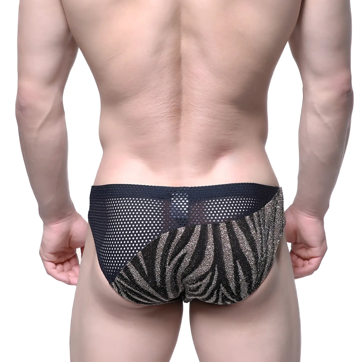 MetroMaleWear mascara bikini gold 5103-C01 black and gold zebra-striped mesh briefs with a sleek design