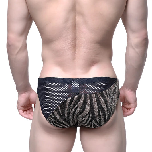 MetroMaleWear mascara bikini gold 5103-C01 black and gold zebra-striped mesh briefs with a sleek design