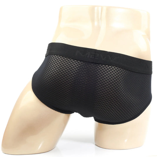 MetroMaleWear Matrix brief black black mesh with solid elastic waistband featuring m2vw logo front view
