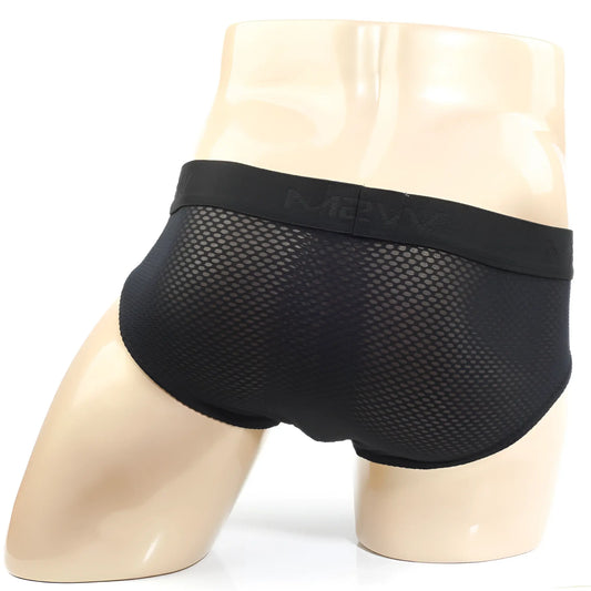 MetroMaleWear Matrix brief black black mesh with solid elastic waistband featuring m2vw logo front view