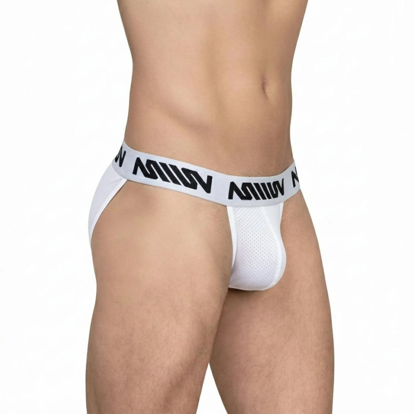 White mesh briefs with black miiiv logo band from metromalewear max bikini 3105-02 showcasing breathable fabric