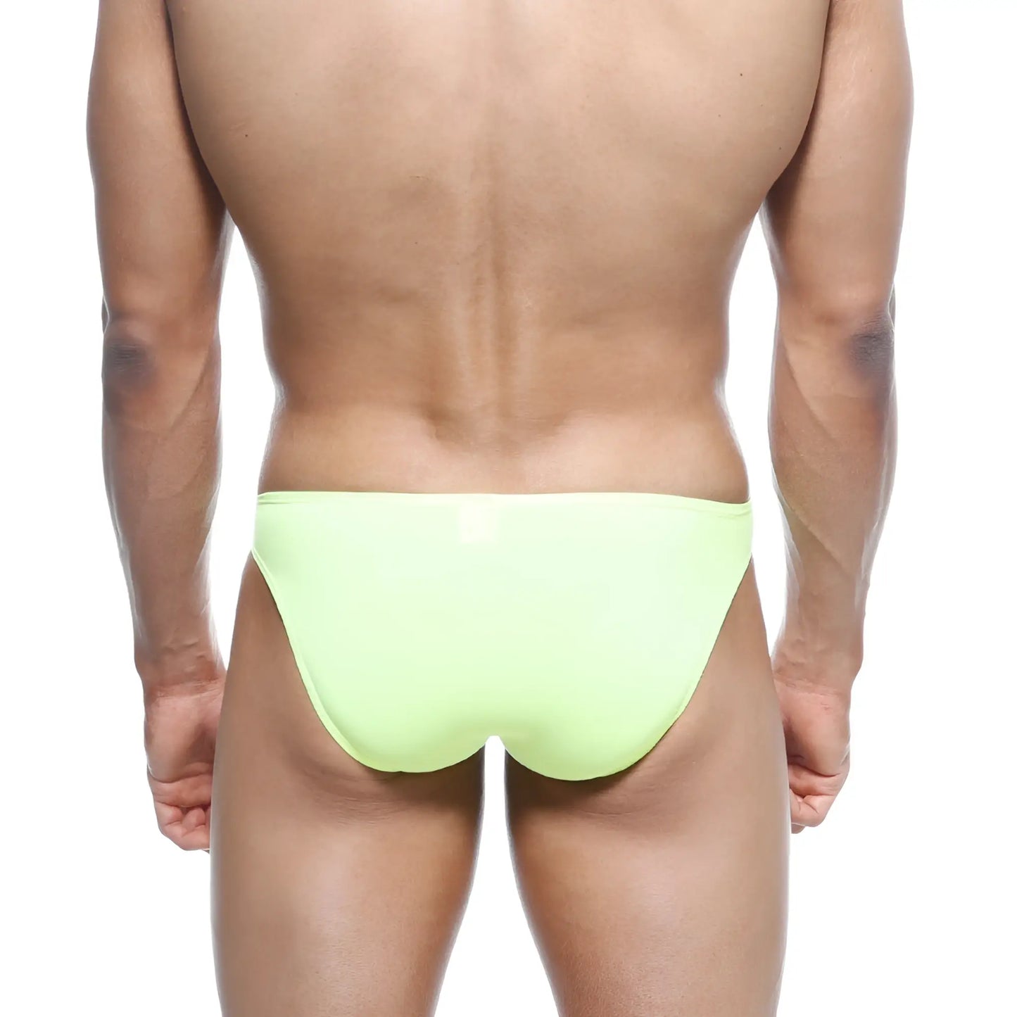 A sleek neon lime metroMalewear max bulge bikini swimsuit with smooth form-fitting design in bright green