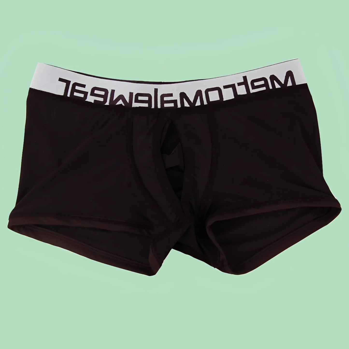Black mens briefs with a white elastic waistband branded meltomagwear from metromalewear max bulge boxer brief black 1513-20
