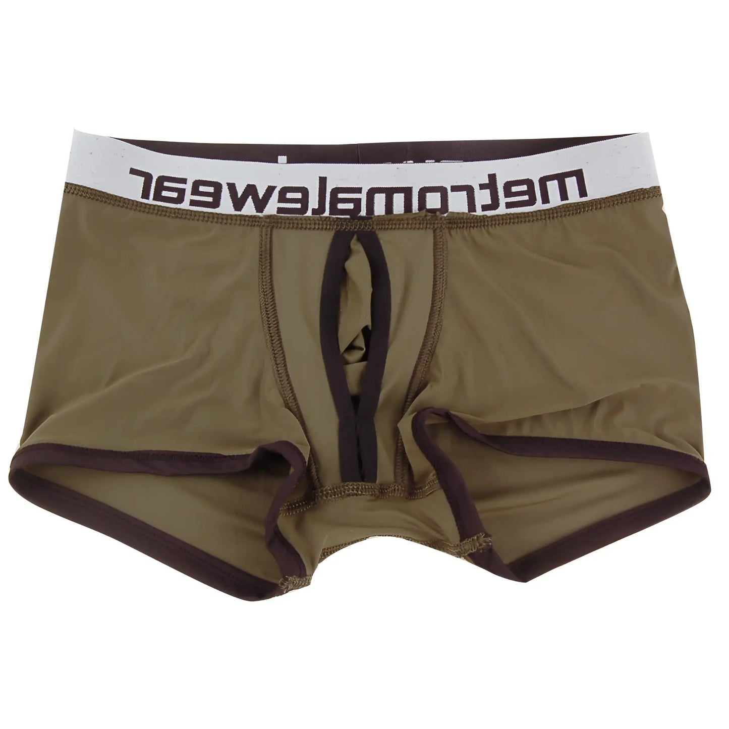 Brown metroMalewear max bulge boxer briefs with white waistband and dark brown logo lettering 1513-26