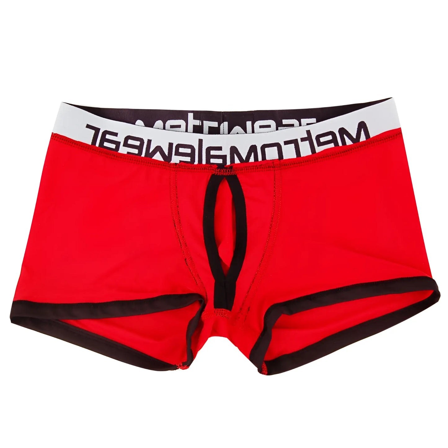 Red men’s briefs with black trim and white waistband featuring meltomg logo from metromalewear max bulge boxer brief 1513-12
