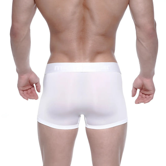 Metro male wear max bulge white boxer briefs with smooth form fitting fabric and subtle waistband branding