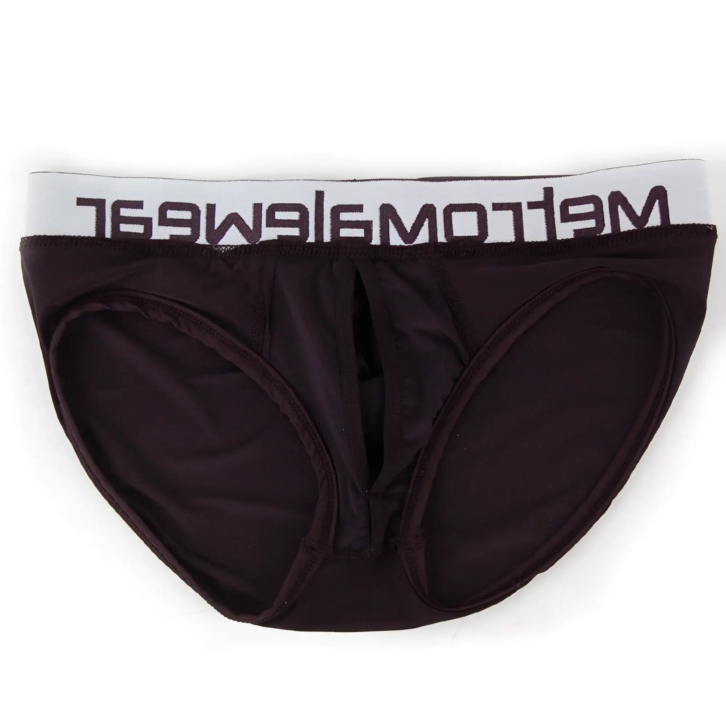 Black mens briefs with white elastic waistband featuring meltomwear logo in black metroMaleWear max bulge brief