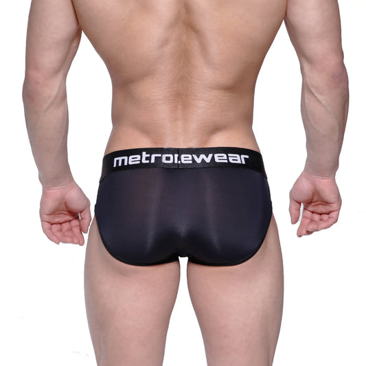Black metro.ewear briefs with a sleek form-fitting design and subtle sheen for enhanced comfort and style