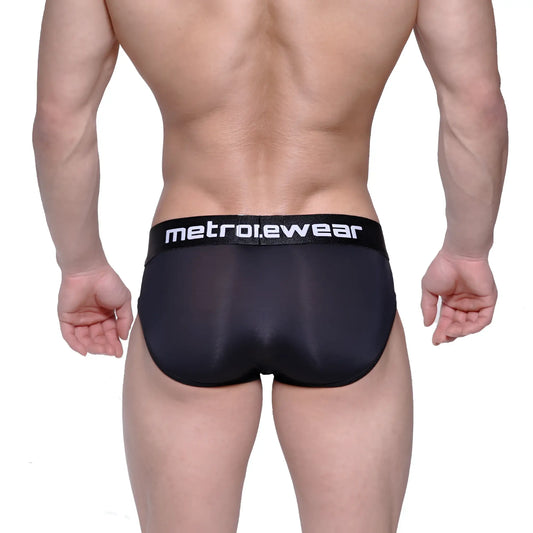 Black metro.ewear briefs with a sleek form-fitting design and subtle sheen for enhanced comfort and style